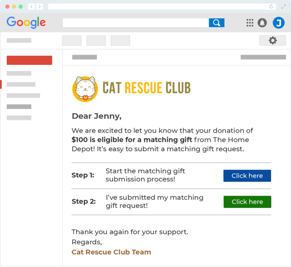 An email prompting a donor to research their eligibility for corporate matching gifts.